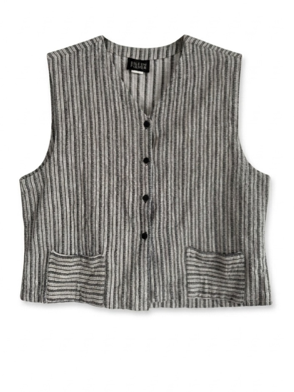 Eileen Fisher Linen Striped Button Vest Size L Minimalist Boho Chic Lagenlook